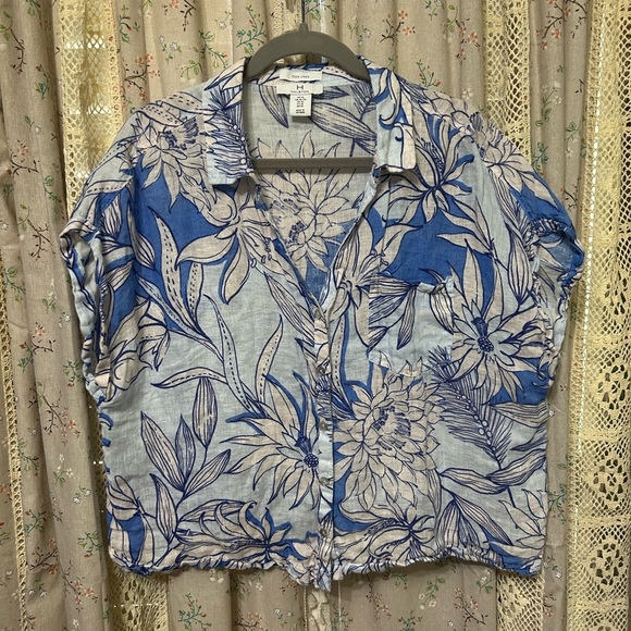 H By Halston Linen Floral Button-Up Short Sleeve Shirt Size XL - Picture 1 of 3